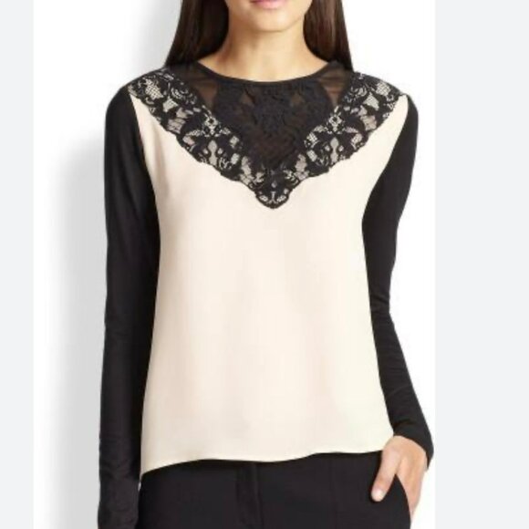 Diane Von Furstenberg DVF Nadia Blouse Women 6 Blush Nude Pink Black Lace Silk - Picture 1 of 8